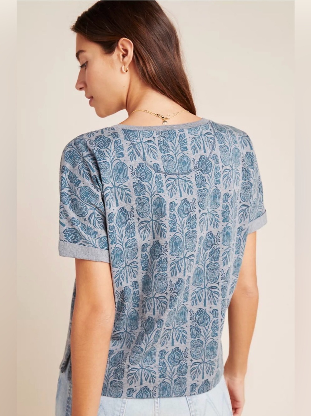 Anthropologie size M cropped tee shirt Bloomingprint floral botanical cuffs - Picture 10 of 14